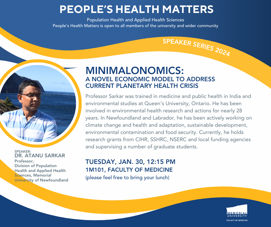 Graphic of Peoples Health Matters poster for January 30, 2024 – Dr. Atanu Sarkar